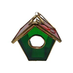 Stained Glass Birdhouse Tea Light Holder 3.5" Red Green Gold Tone